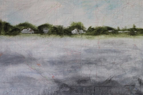 Argyle Lake, 2024, Acrylic paint and maps collaged on paper, 18 by 24 inches