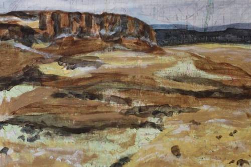 Rocky Cliff, 2024, Acrylic paint and image transfers collaged on paper, 24 by 18 inches