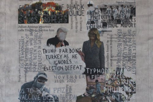 "Headlines (November 22-28, 2020)" 2024, Acrylic, and hand-painted image transfers collaged on canvas, 22 by 23 inches