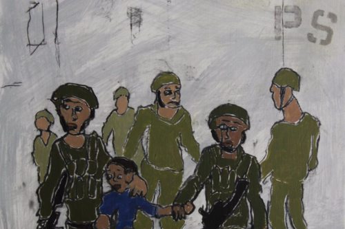 Brave Troops, 2024, Acrylic and charcoal on paper, 13 by 10 inches