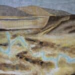 Landscape painting or rolling hills collaged with maps and acrylic paint.