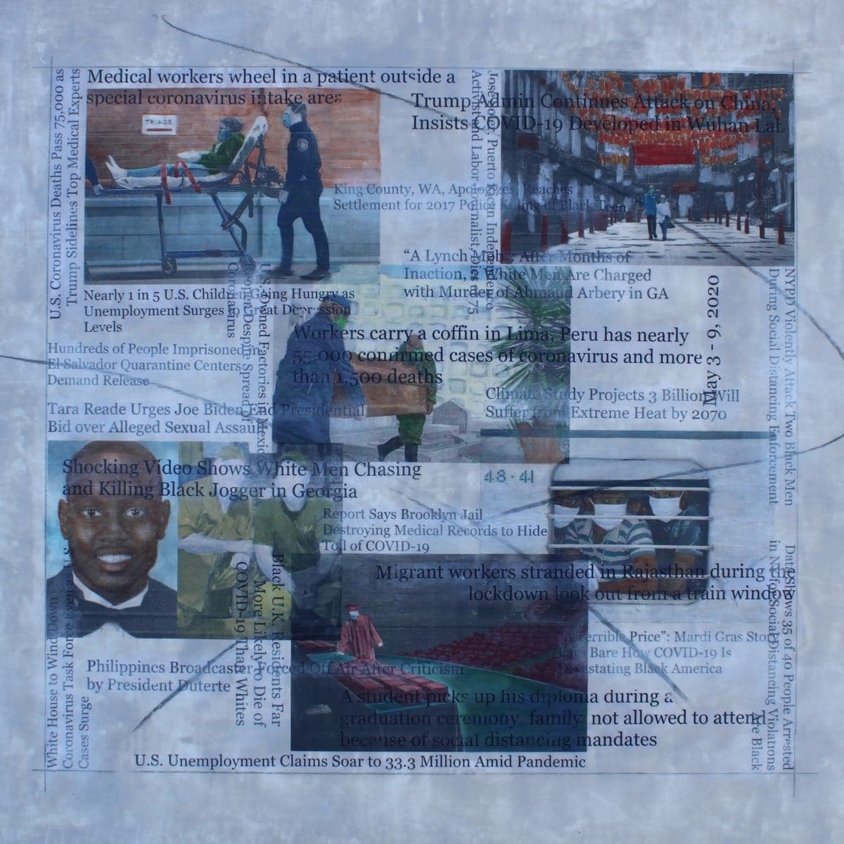 Acrylic and collage painting of news headlines and hand-painted images from the news media.