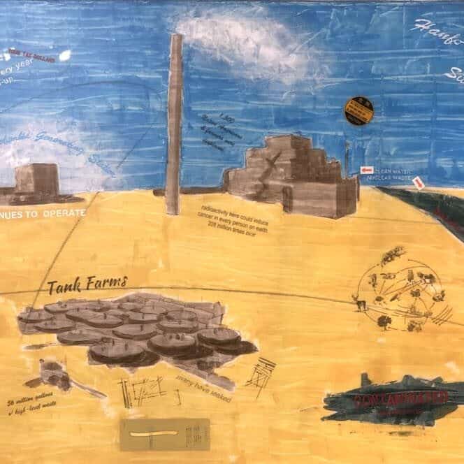 Painting of the Hanford Nuclear Powerplant in yelloq and blue with collage elements.