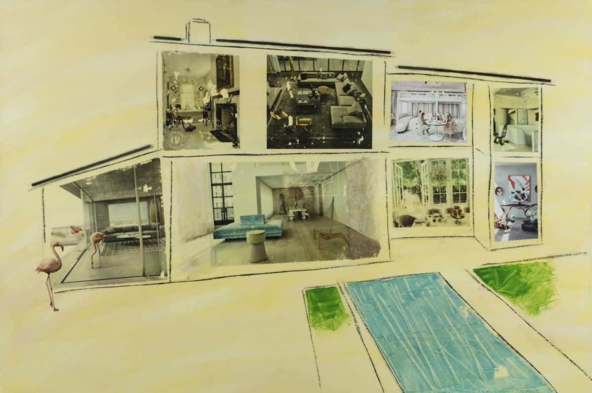 Collaged painting of a cutaway interior of a house with a swimming pool in the front year by artist Sam Marroquin.