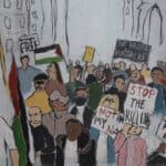 A painting of protesters by artist Sam Marroquin.