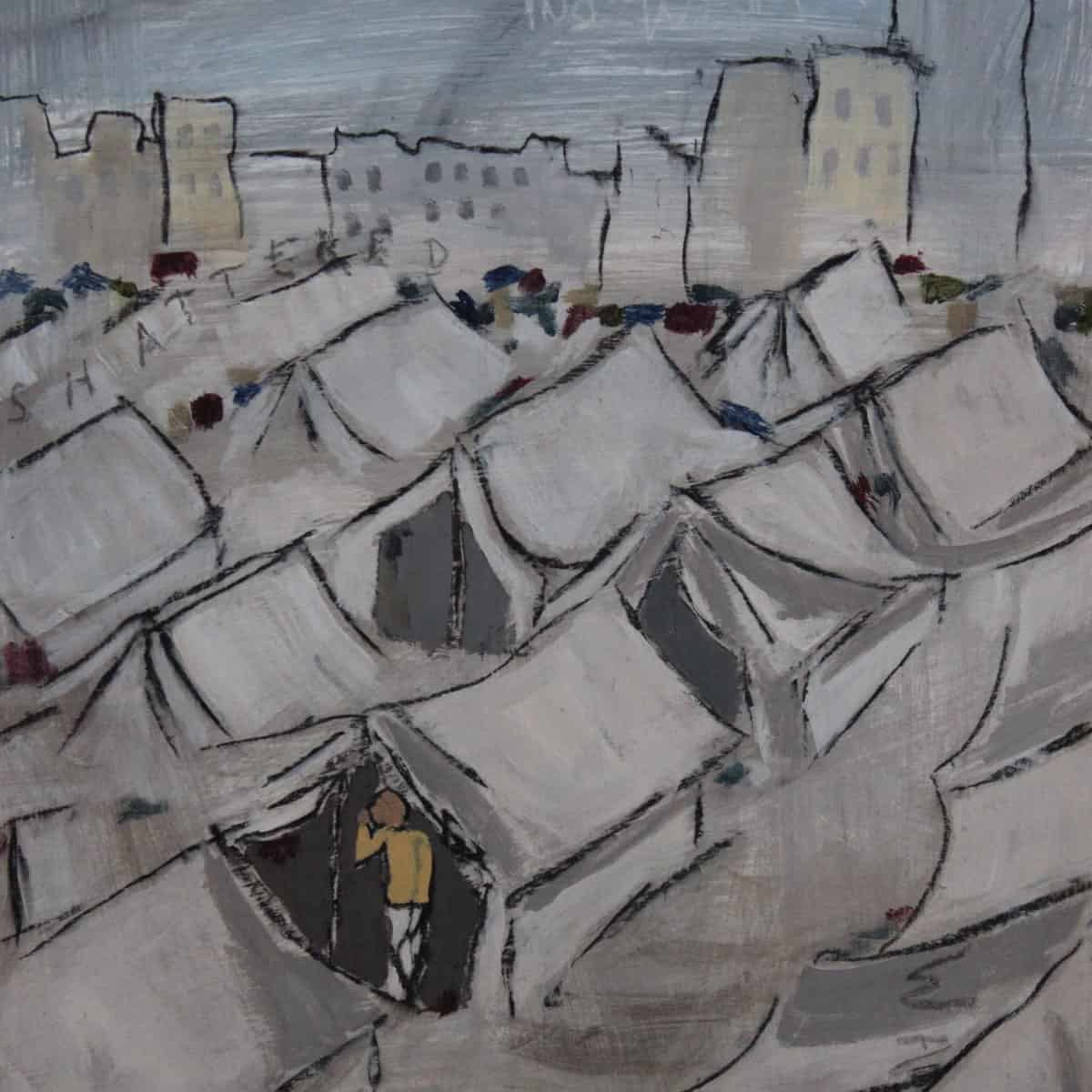 A painting of tents in a refugee camp with one person looking out by artist, Sam Marroquin.