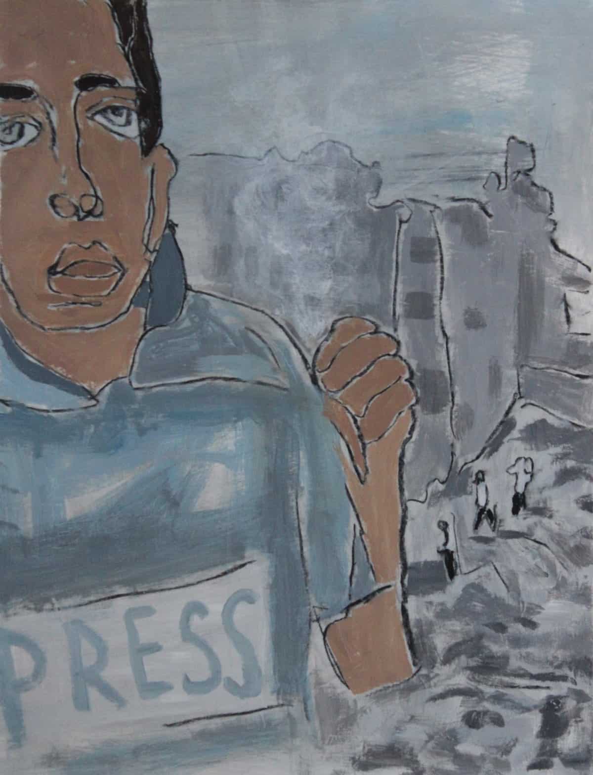 An abstracted painting of a journalist reporting amidst the fighting and destruction of war.