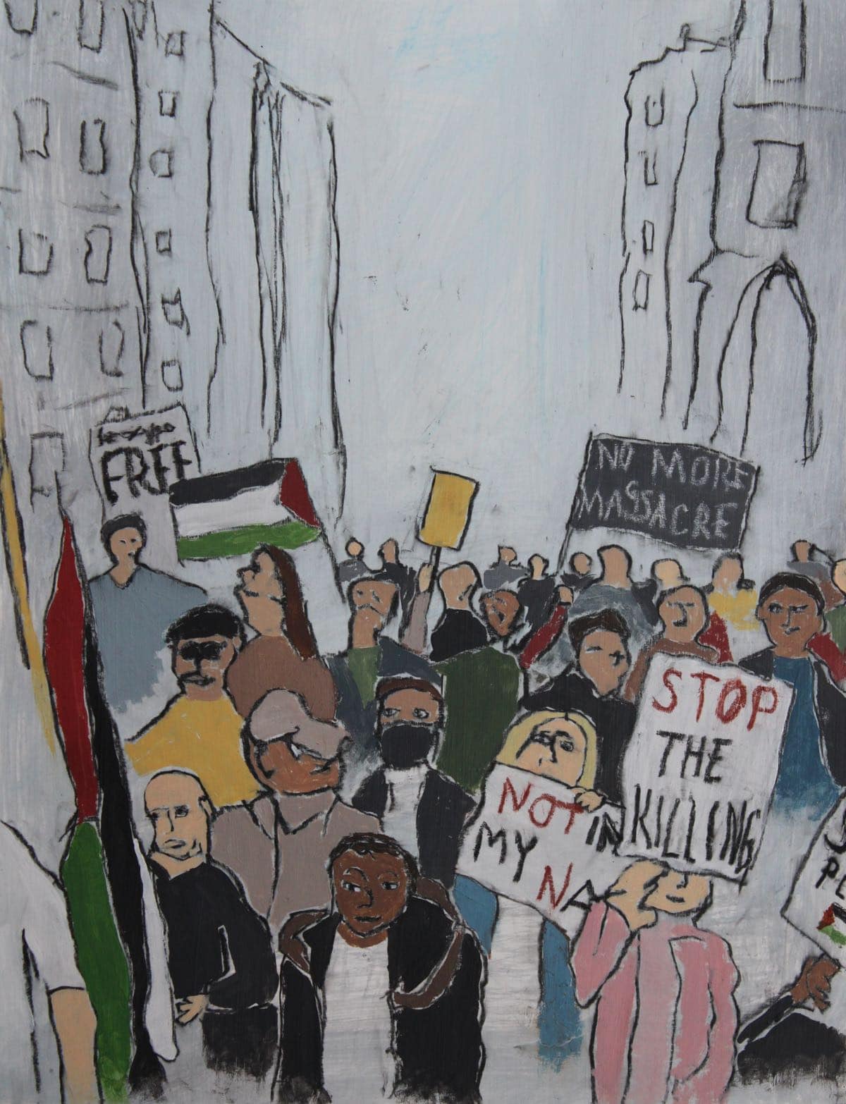 An abstracted painting ofpeople protesting against the war.