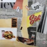 Collage created with orange, yellow and cream colored paper with newspaper clippings, by artist Sam Marroquin.