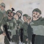 An abstracted painting of soldiers in uniform by artist, Sam Marroquin.