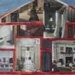 A collaged painting of a cutaway view of a house with faint images of skeletons walking around throughout the interior by artist Sam Marroquin.