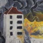 An abstracted painting of an apartment building on fire with smoke billowing out by artist Sam Marroquin.